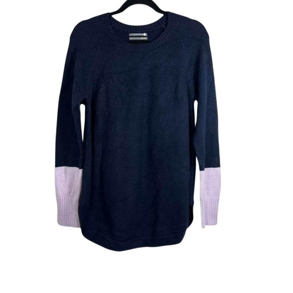 Anthropologie Navy Blue Colorblock Tunic Sweater Purple Cuffs Size M‎